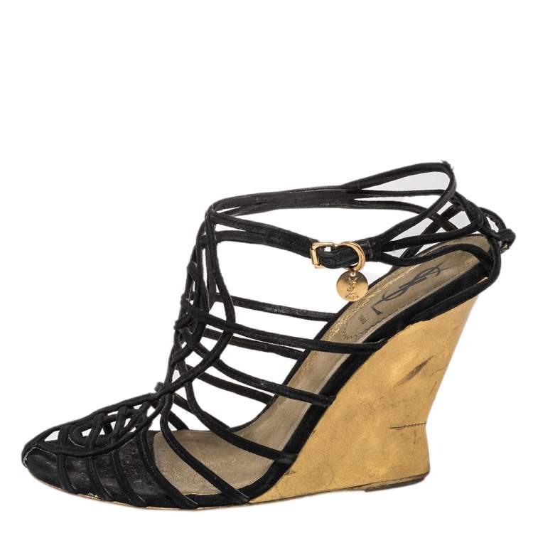 Pre Owned Yves Saint Laurent Black Suede Strappy Wedge Sandals Size 40