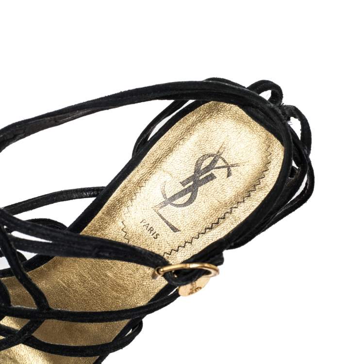 Pre Owned Yves Saint Laurent Black Suede Strappy Wedge Sandals Size 40