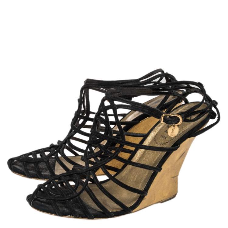 Pre Owned Yves Saint Laurent Black Suede Strappy Wedge Sandals Size 40
