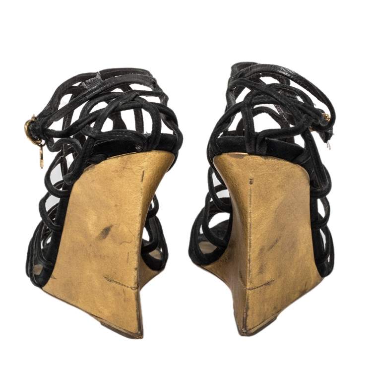 Pre Owned Yves Saint Laurent Black Suede Strappy Wedge Sandals Size 40