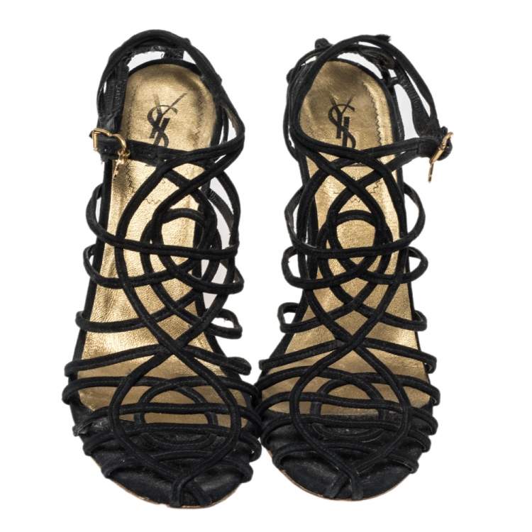 Pre Owned Yves Saint Laurent Black Suede Strappy Wedge Sandals Size 40