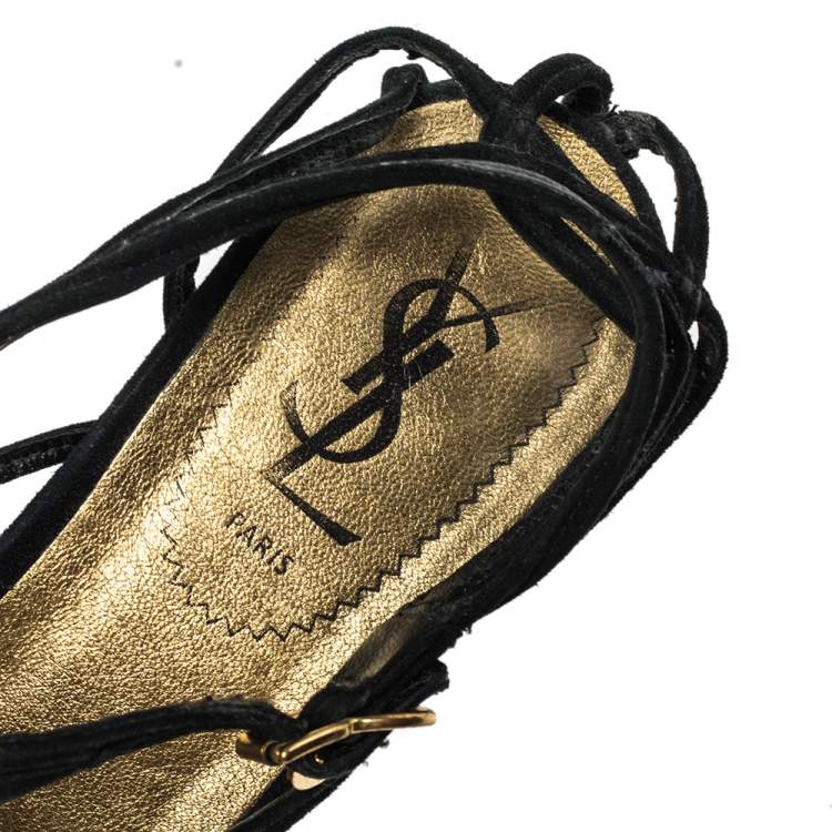 Pre Owned Yves Saint Laurent Black Suede Strappy Wedge Sandals Size 40