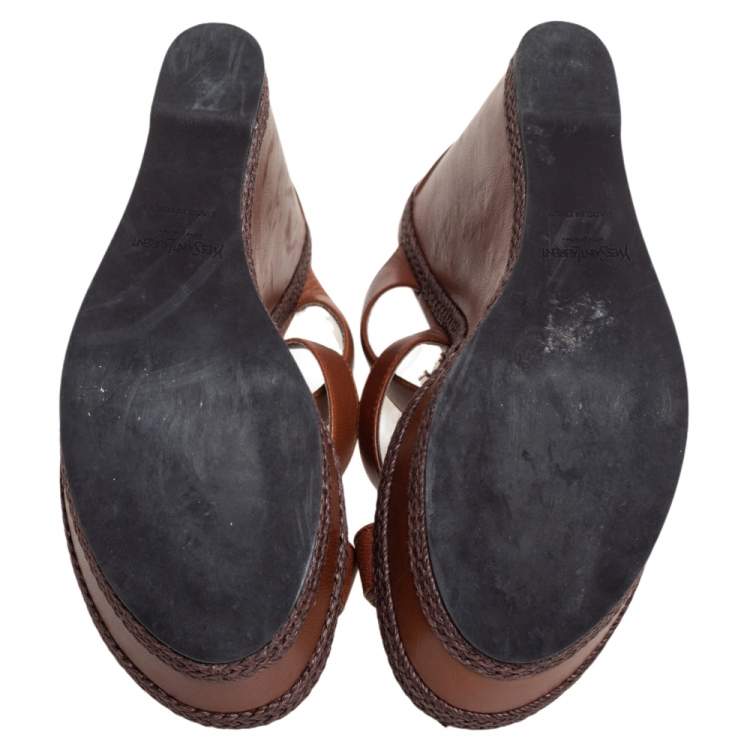 Pre Owned Yves Saint Laurent Brown Leather Platform Slide Wedge Sandals Size 40