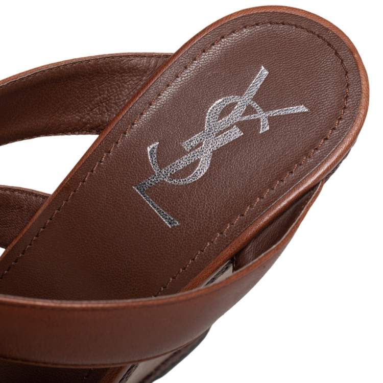 Pre Owned Yves Saint Laurent Brown Leather Platform Slide Wedge Sandals Size 40