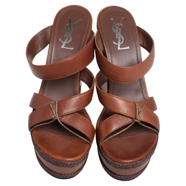 Pre Owned Yves Saint Laurent Brown Leather Platform Slide Wedge Sandals Size 40