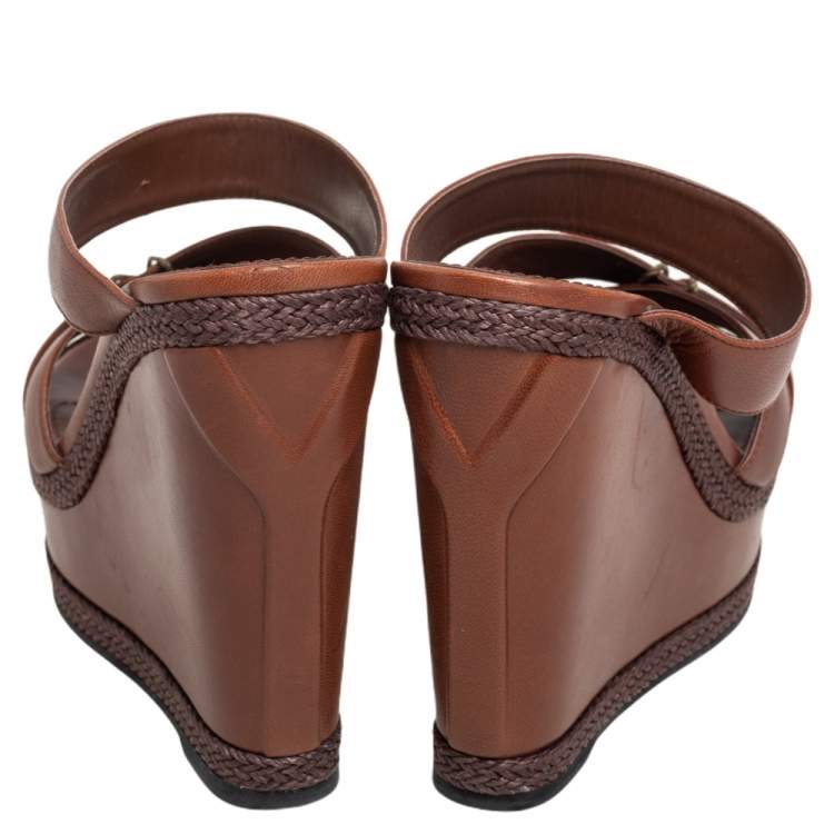 Pre Owned Yves Saint Laurent Brown Leather Platform Slide Wedge Sandals Size 40