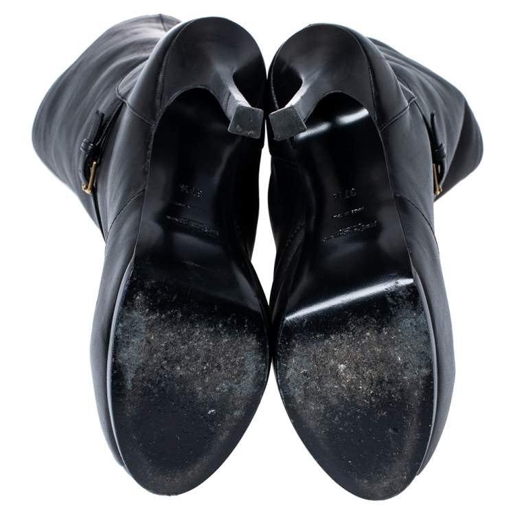 Pre Owned Yves Saint Laurent Black Leather Tribtoo Platform Ankle Length Boots Size 37.5