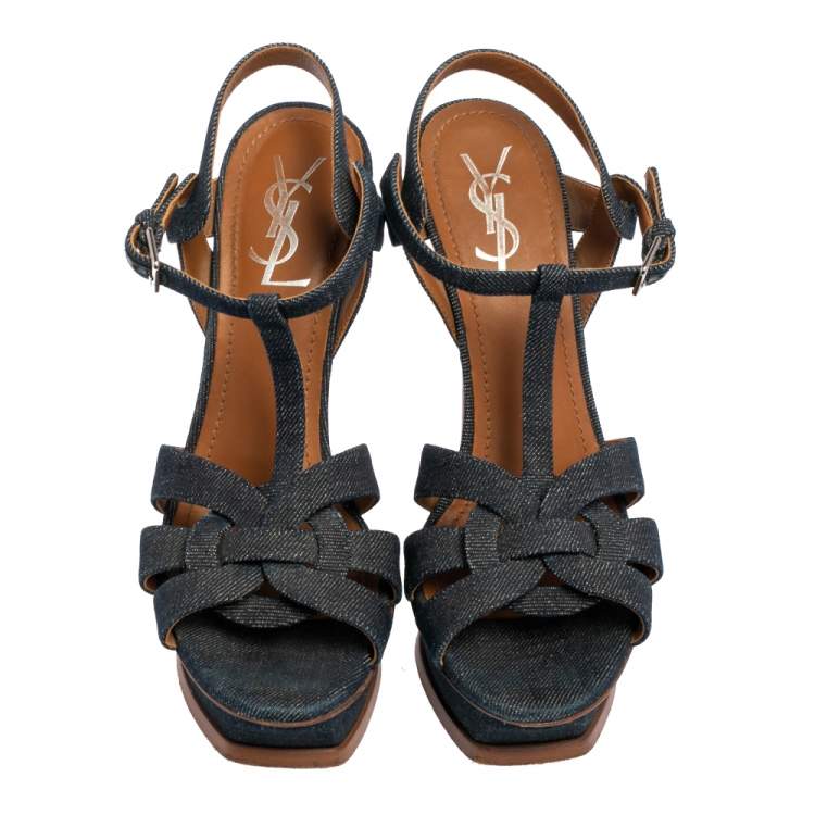 مملوكة مسبقًا Yves Saint Laurent Blue Denim Tribute Platform Sandals 38.5