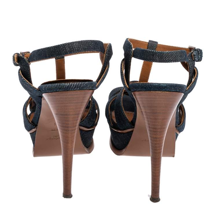 مملوكة مسبقًا Yves Saint Laurent Blue Denim Tribute Platform Sandals 38.5