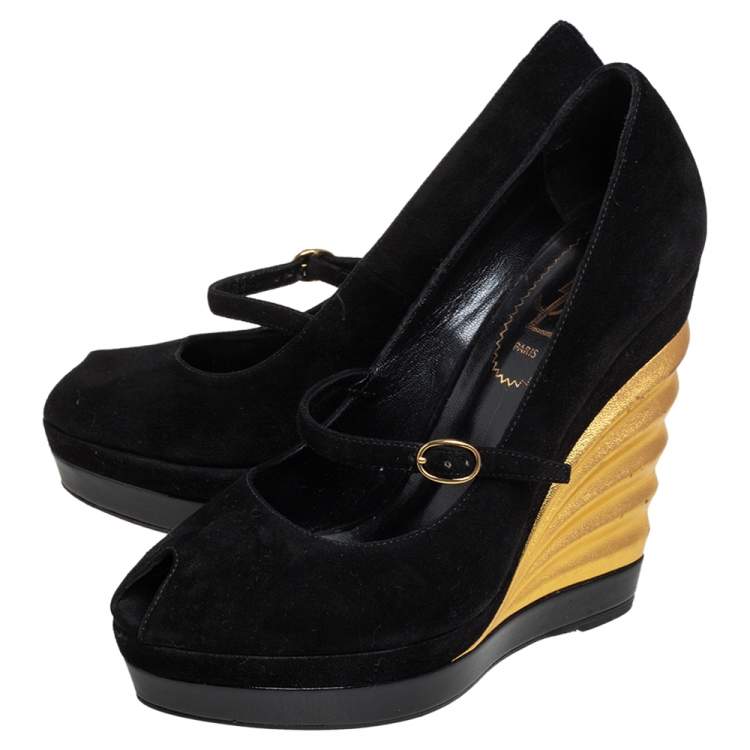 Pre Owned Yves Saint Laurent Black Suede Robyn Peep Toe Wedge Pumps Size 36