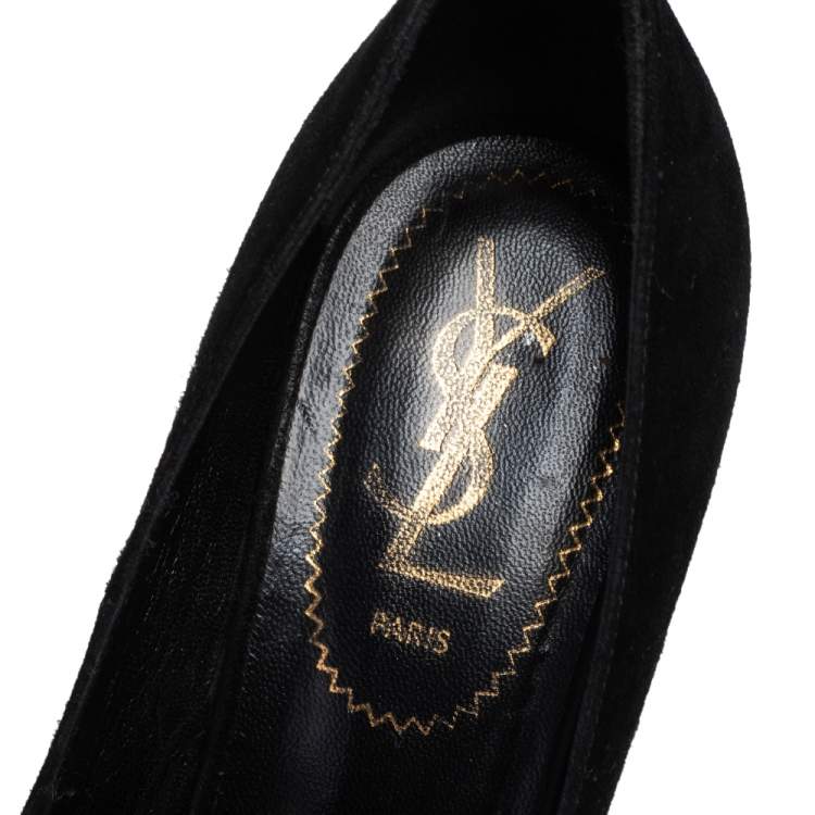 Pre Owned Yves Saint Laurent Black Suede Robyn Peep Toe Wedge Pumps Size 36