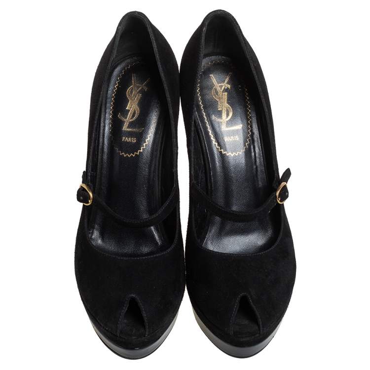 Pre Owned Yves Saint Laurent Black Suede Robyn Peep Toe Wedge Pumps Size 36