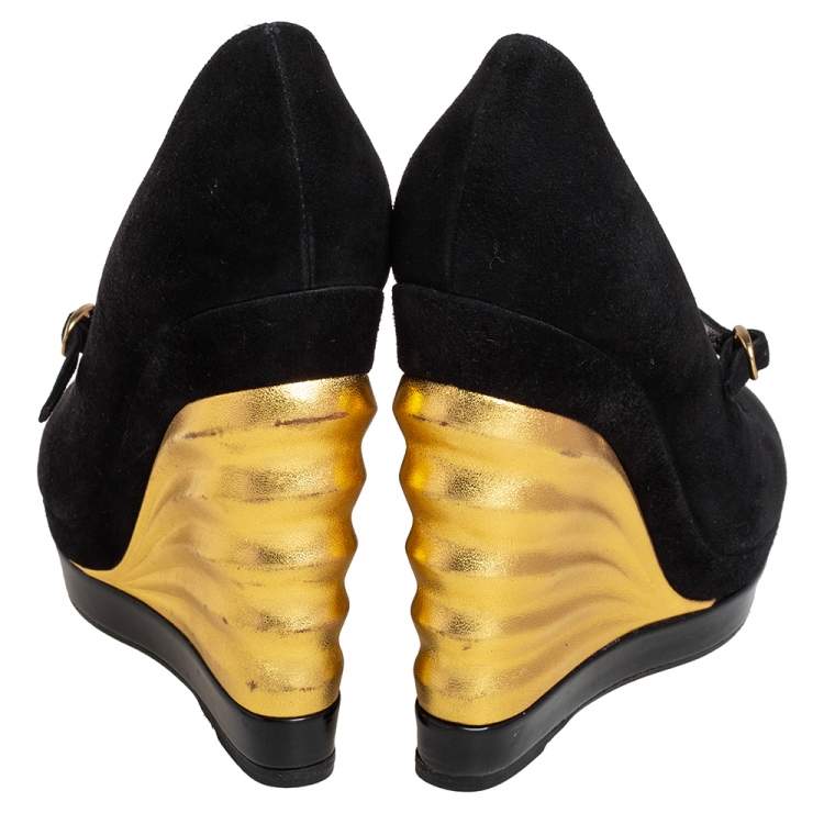Pre Owned Yves Saint Laurent Black Suede Robyn Peep Toe Wedge Pumps Size 36
