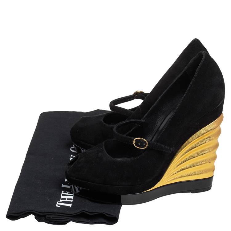 Pre Owned Yves Saint Laurent Black Suede Robyn Peep Toe Wedge Pumps Size 36
