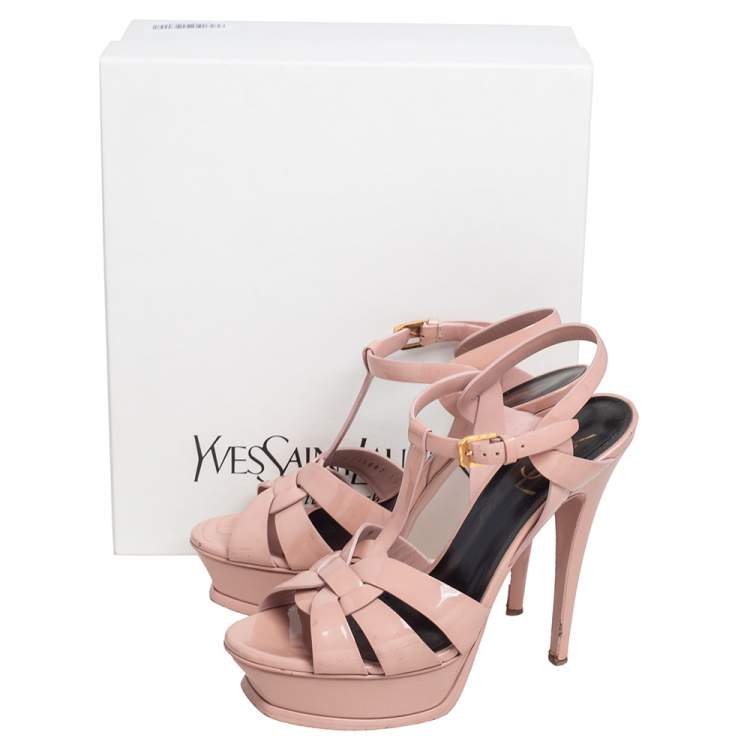 مملوكة مسبقًا Yves Saint Laurent Beige Patent Leather Tribute Platform Sandals Size 38