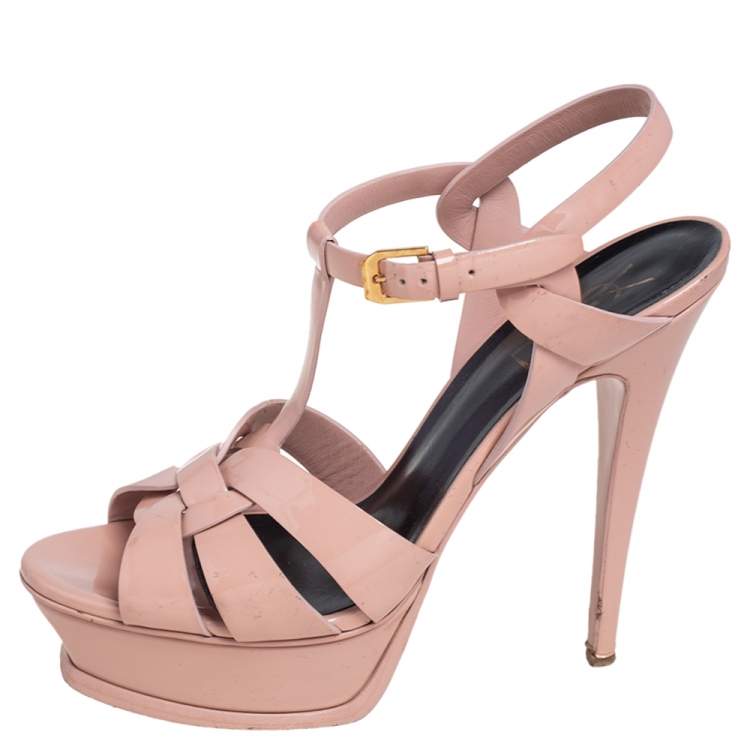 مملوكة مسبقًا Yves Saint Laurent Beige Patent Leather Tribute Platform Sandals Size 38