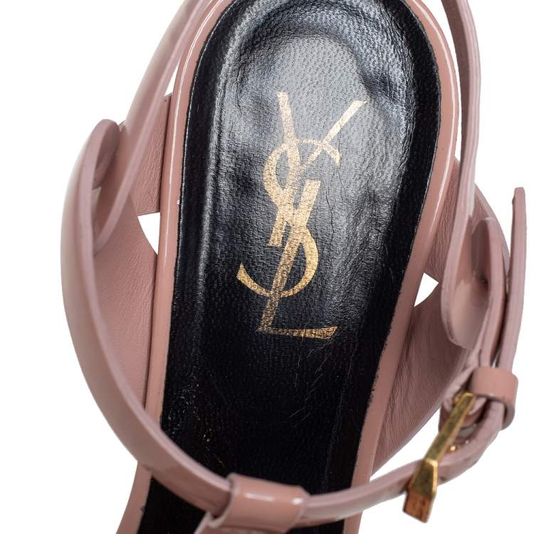 مملوكة مسبقًا Yves Saint Laurent Beige Patent Leather Tribute Platform Sandals Size 38