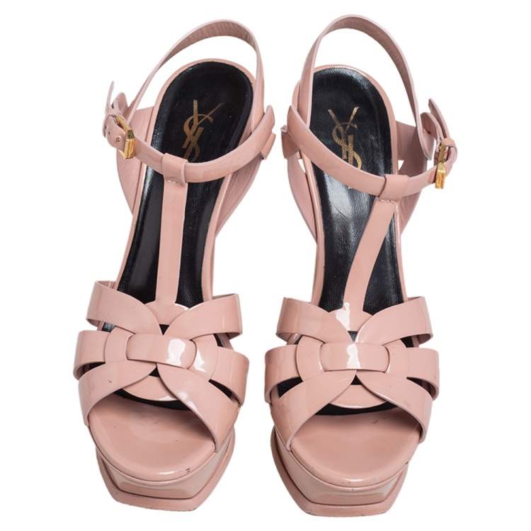 مملوكة مسبقًا Yves Saint Laurent Beige Patent Leather Tribute Platform Sandals Size 38