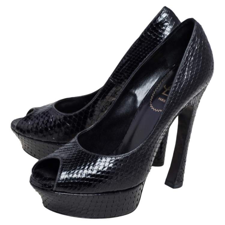 Pre Owned Yves Saint Laurent Black Snakeskin Palais Platform Peep Toe Pumps Size 39