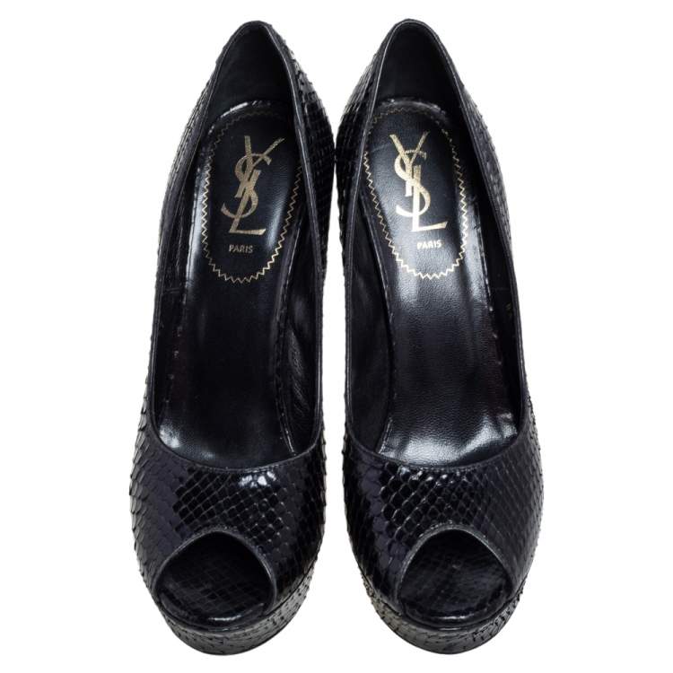 Pre Owned Yves Saint Laurent Black Snakeskin Palais Platform Peep Toe Pumps Size 39
