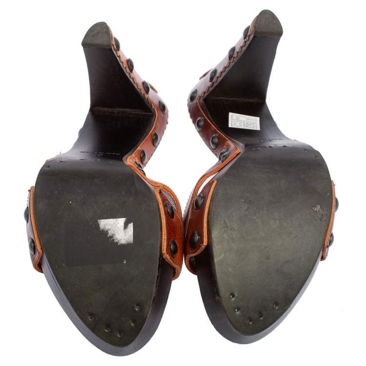 Pre Owned Yves Saint Laurent Brown Leather Criss Cross Platform Clog Sandals Size 37