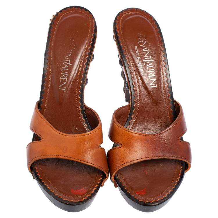 Pre Owned Yves Saint Laurent Brown Leather Criss Cross Platform Clog Sandals Size 37