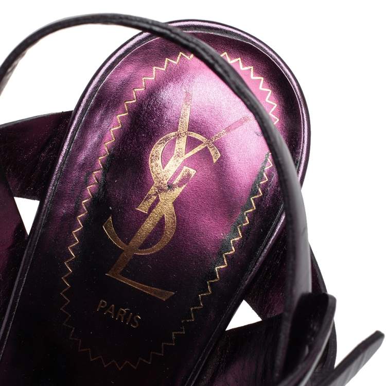 Pre Owned Yves Saint Laurent Metallic Purple Leather Tribute Platform Sandals Size 37