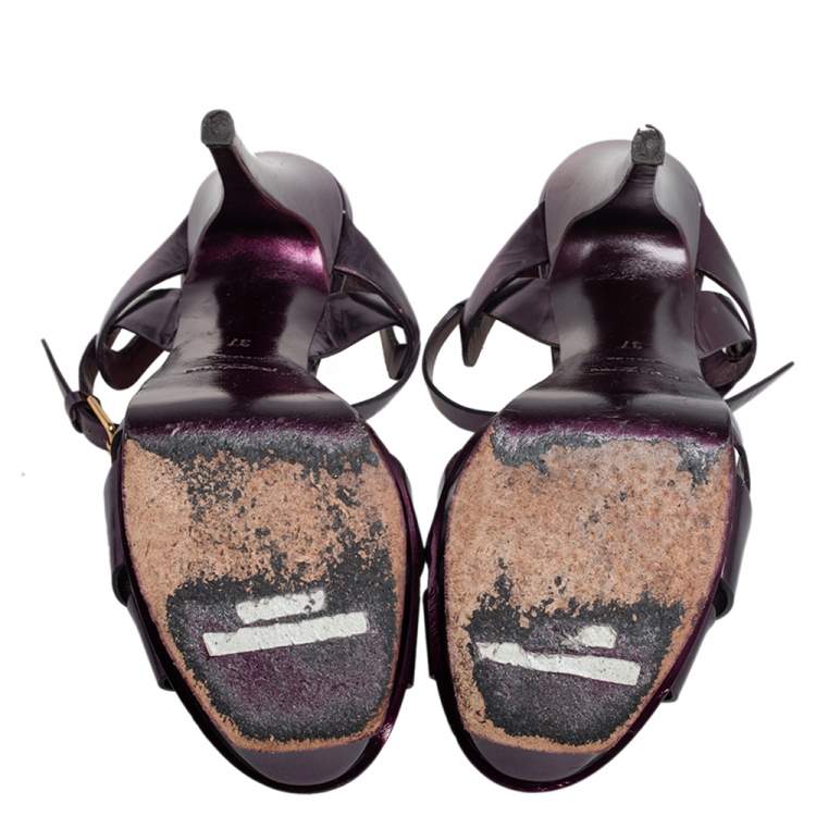 Pre Owned Yves Saint Laurent Metallic Purple Leather Tribute Platform Sandals Size 37
