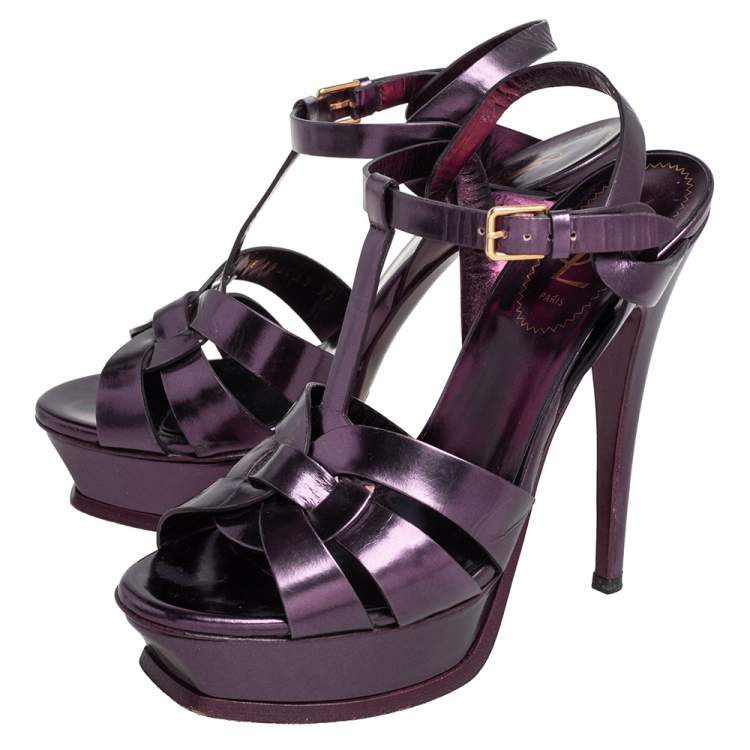 Pre Owned Yves Saint Laurent Metallic Purple Leather Tribute Platform Sandals Size 37