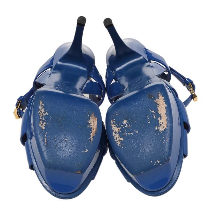 Pre Owned Yves Saint Laurent Blue Patent Leather Tribute Platform Sandals Size 37