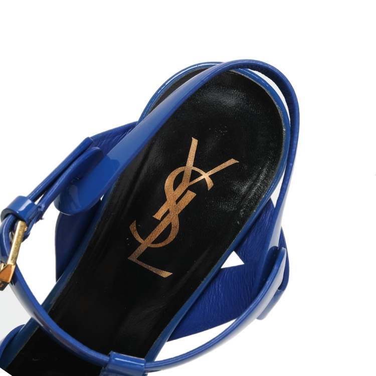Pre Owned Yves Saint Laurent Blue Patent Leather Tribute Platform Sandals Size 37
