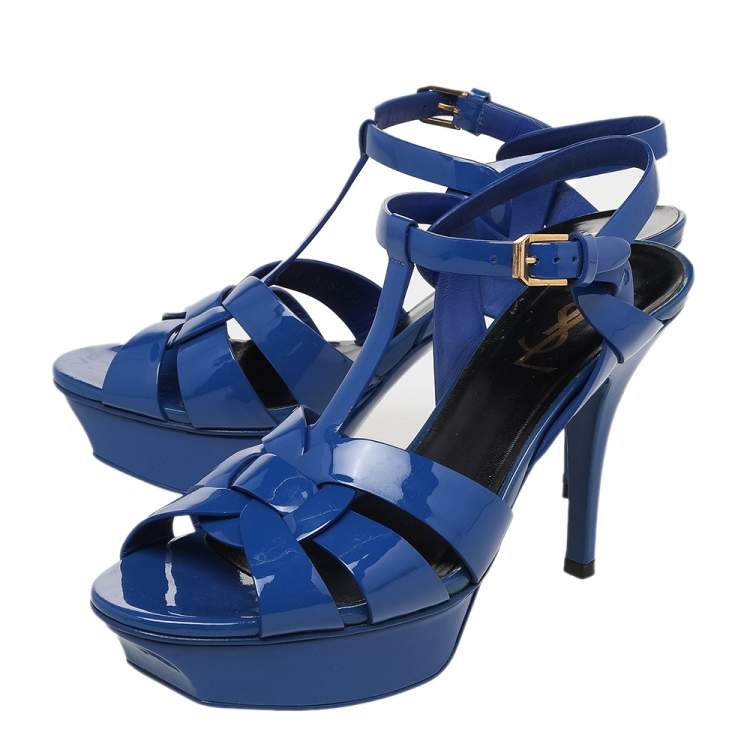 Pre Owned Yves Saint Laurent Blue Patent Leather Tribute Platform Sandals Size 37