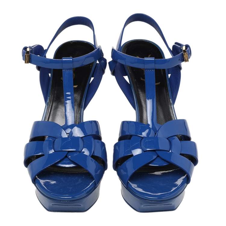 Pre Owned Yves Saint Laurent Blue Patent Leather Tribute Platform Sandals Size 37
