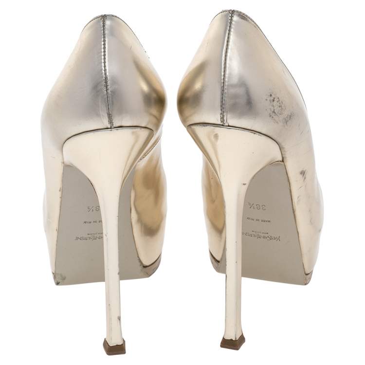 Pre Owned Yves Saint Laurent Gold Leather Tribtoo Platform Pumps Size 38.5