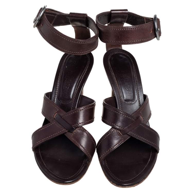 Pre Owned Yves Saint Laurent Brown Leather Ankle Strap Sandals Size 37