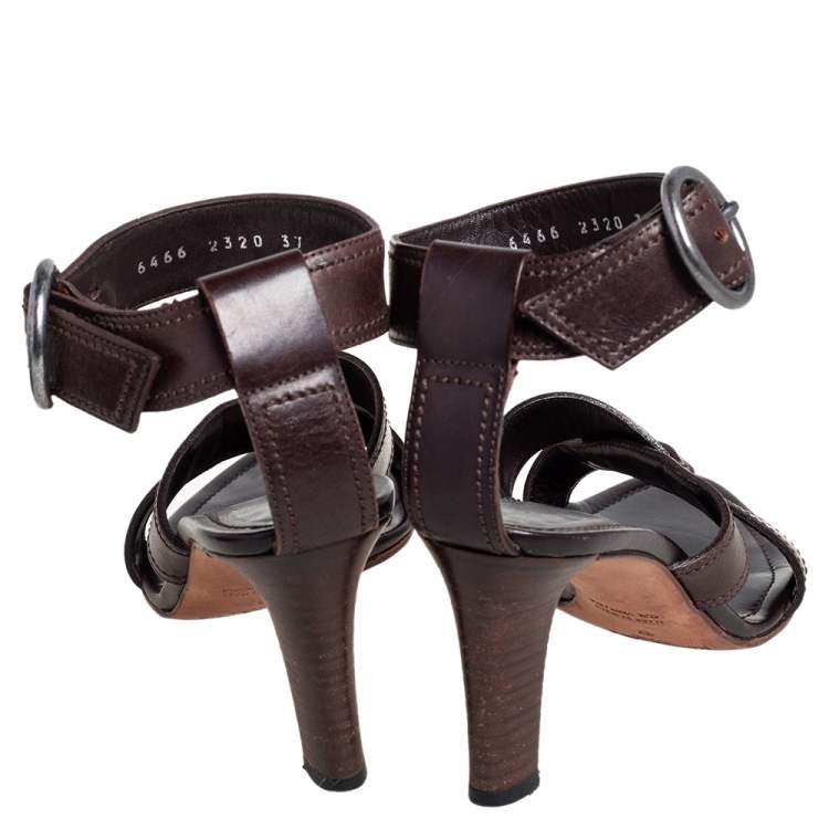 Pre Owned Yves Saint Laurent Brown Leather Ankle Strap Sandals Size 37