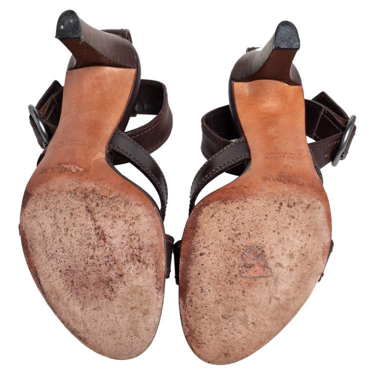 Pre Owned Yves Saint Laurent Brown Leather Ankle Strap Sandals Size 37