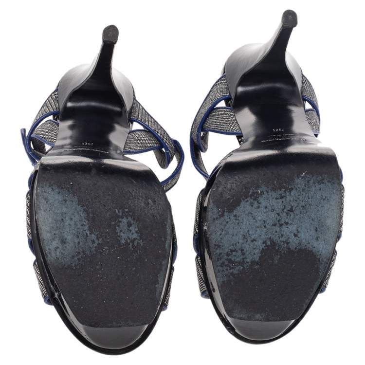 Pre Owned Yves Saint Laurent Grey/Blue Fabric And Leather Tribute Platform Ankle Strap Sandals Size 36