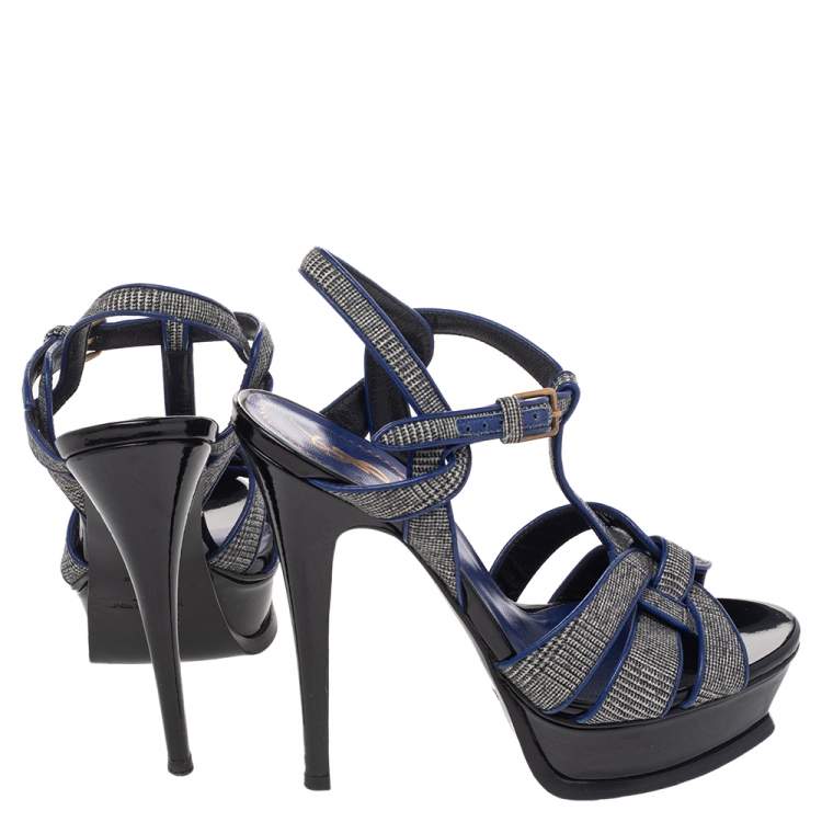 Pre Owned Yves Saint Laurent Grey/Blue Fabric And Leather Tribute Platform Ankle Strap Sandals Size 36