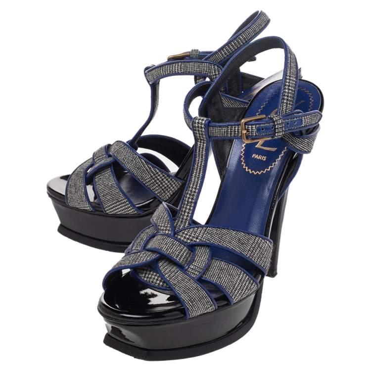 Pre Owned Yves Saint Laurent Grey/Blue Fabric And Leather Tribute Platform Ankle Strap Sandals Size 36