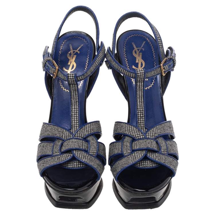 Pre Owned Yves Saint Laurent Grey/Blue Fabric And Leather Tribute Platform Ankle Strap Sandals Size 36