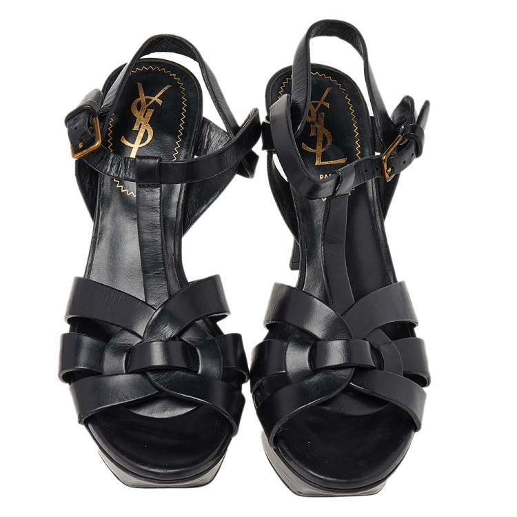 Pre Owned Yves Saint Laurent Black Leather Tribute Platform Ankle Strap Sandals Size 35.5