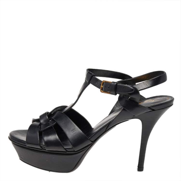 Pre Owned Yves Saint Laurent Black Leather Tribute Platform Ankle Strap Sandals Size 35.5