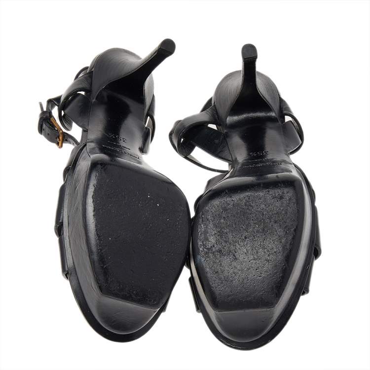 Pre Owned Yves Saint Laurent Black Leather Tribute Platform Ankle Strap Sandals Size 35.5