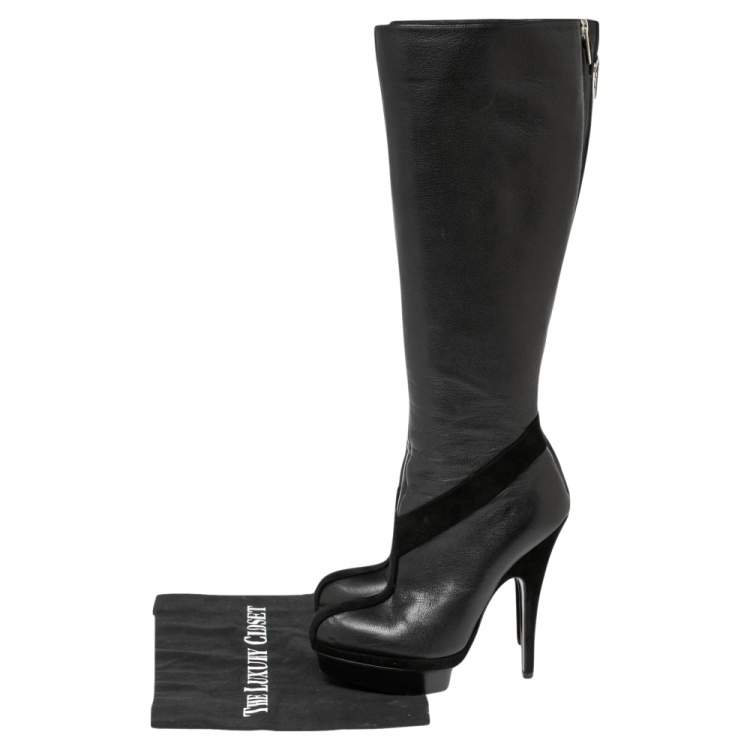 Pre Owned Yves Saint Laurent Black Suede And Leather Platform Knee-High Boots Size 37
