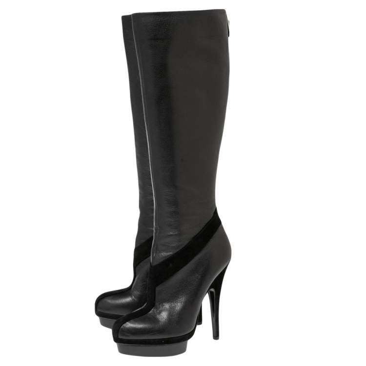 Pre Owned Yves Saint Laurent Black Suede And Leather Platform Knee-High Boots Size 37