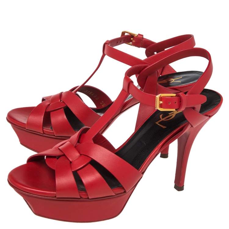Pre Owned Yves Saint Laurent  Red  Leather Tribute Platform Sandals Size 36