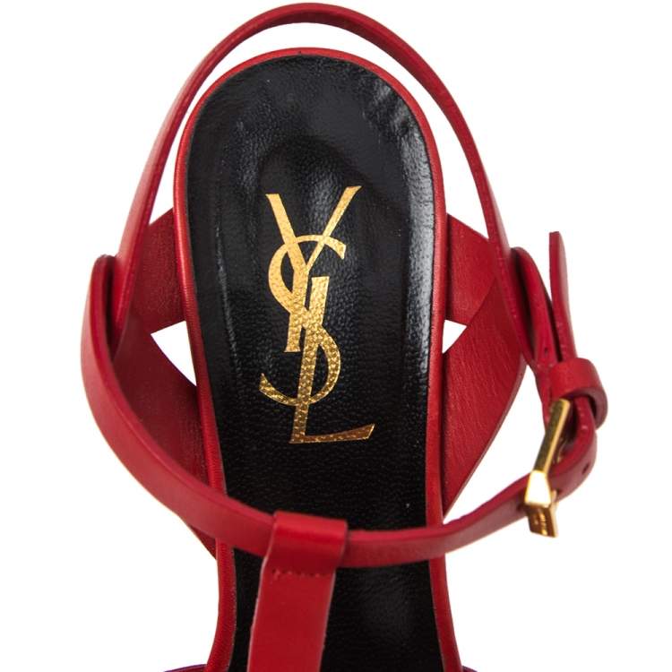 Pre Owned Yves Saint Laurent  Red  Leather Tribute Platform Sandals Size 36