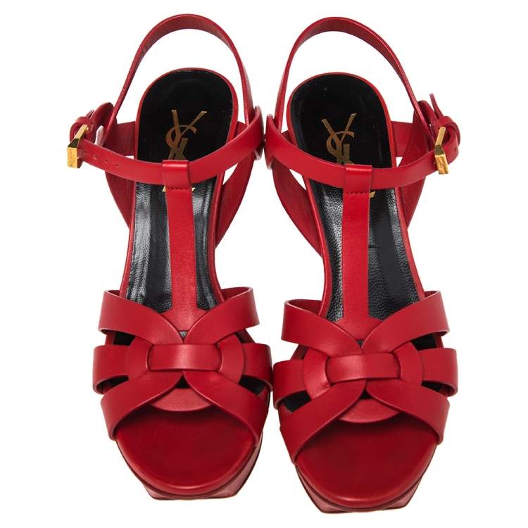 Pre Owned Yves Saint Laurent  Red  Leather Tribute Platform Sandals Size 36