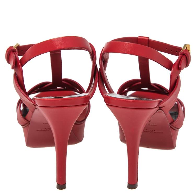 Pre Owned Yves Saint Laurent  Red  Leather Tribute Platform Sandals Size 36
